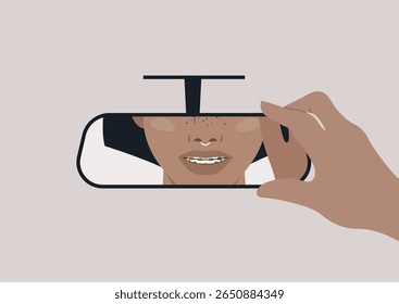 Uma mão ajusta o espelho retrovisor, revelando dentes brancos com chaves coloridas