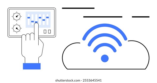 A hand adjusts settings on a touch screen interface while a cloud symbol with a wireless signal is visible. Minimalist design. Ideal for technology, cloud computing, wireless communication, control