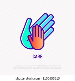 Hand of adult holds child's hand thin line icon. Modern vector illustration, care sign.