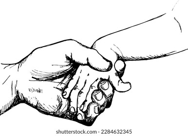 The hand of an adult man holds the hand of a small child. Hand drawn sketch illustration