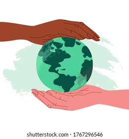 Hand of african american and fair-skinned human in cartoon style holds the planet. Concept of equality, unity, peace and respect. Typographic banner design on a light background. Vector illustration