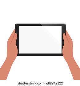 Hand Of African American Is Holding Tablet To Read The Content ,blank Screen For Add Object Vector Illustration