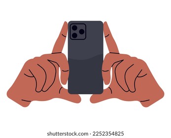 Hand of african american man holding mobile phone, back view. Flat vector illustration isolated on white background