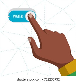 Hand of African Man Pressing Button of Clickable Device for Making One Order of Water - Grey and Colored Elements on Polygonal Dashed Lines Background - Vector Flat Graphic Design