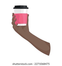 Hand of African-American woman with cup of coffee on white backg