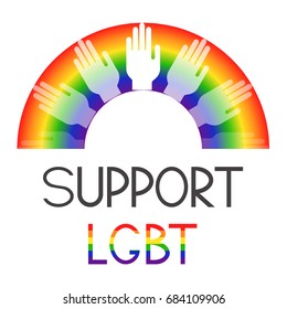 Hand against the backdrop of a symbol of LGBT support with an inscription in rainbow colors. Vector illustration.