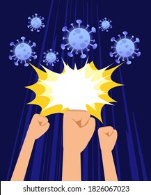 Hand Against Virus Vector: Infuse your visuals with the spirit of resistance using this impactful illustration. The fight against COVID is vividly represented with a hand confronting the virus 