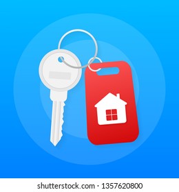 Hand agent with home in palm and key on finger. Offer of purchase house, rental of Real Estate. Vector stock illustration.