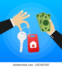 Hand agent with home in palm and key on finger. Offer of purchase house, rental of Real Estate. Vector stock illustration.