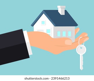 Hand agent with home in palm and key on finger. Offer of purchase house, rental of Real Estate. Giving, offering, demonstration, handing house keys. Vector illustration flat design.