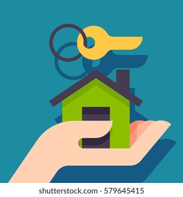 Hand agent with home in palm and key on finger. Offer of purchase house, rental of Real Estate. Giving, offering, demonstration, handing house keys. Vector illustration flat design.