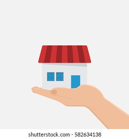 Hand agent with home in palm and key on finger. Offer of purchase house, rental of Real Estate. Giving, offering, demonstration, handing house keys. Vector illustration flat design.