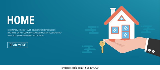 Hand agent with home in palm and key on finger. Offer of purchase house, rental of Real Estate. Giving, offering, demonstration, handing house keys. 