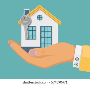Agente manual con casa en palma y llave en tubo. Oferta de casa de compra, alquiler de inmuebles. Oferta, demostración, entrega de llaves. Ilustración plana vectorial colorida.