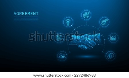 hand agreement contract technology with icon on blue background. handshake business connection low poly wireframe. vector illustration fantastic design.