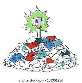 Hand with agreement reaches out from document folders heap. cartoon illustration isolated on white background