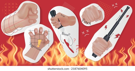 Hand agression realistic collage composition with agression blood and punch descriptions on red background vector illustration