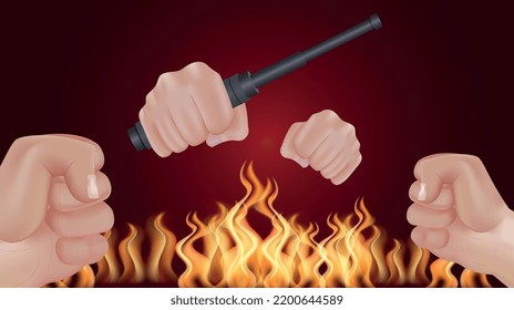 Agresión manual llama de color realista y cuatro puños y armas en mano sobre la composición de fondo rojo ilustración vectorial