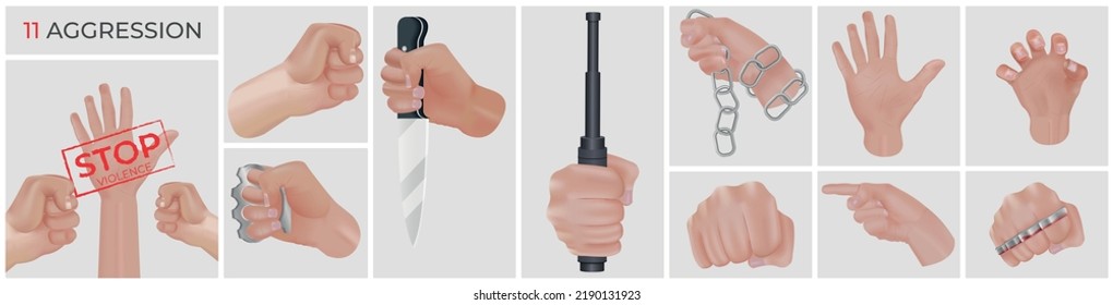 Hand Agression Realistic Composition Set Fist Weapon In Hand Knuckle And Baton And Threatening Gestures Vector Illustration