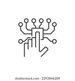 Hand and AI Chip vector Artificial Intelligence concept thin line icon or symbol