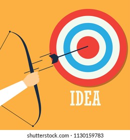 hand aiming bow with arrow to target board as symbol of  business target. vector illustration