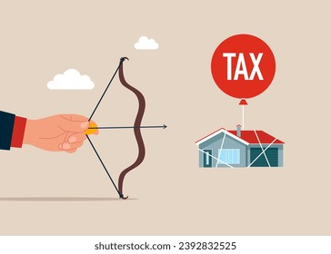 Hand aiming his bow arrow  hit a home tax balloon. Modern flat vector illustration.