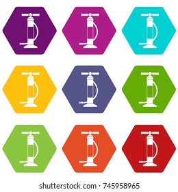 Hand air pump icon set many color hexahedron isolated on white vector illustration