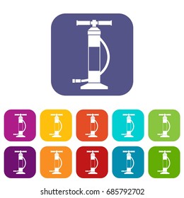 Hand air pump icons set vector illustration in flat style in colors red, blue, green, and other