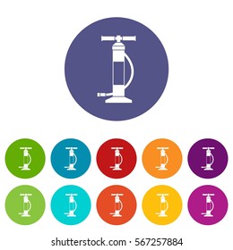 Hand air pump set icons in different colors isolated on white background