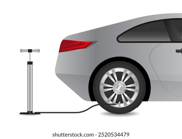 Hand Air Pump and Tire. Automobile Air Pump. Vector Illustration.  