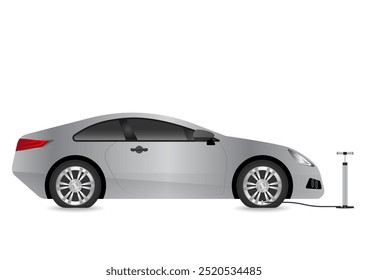 Hand Air Pump and Tire. Automobile Air Pump. Vector Illustration.  