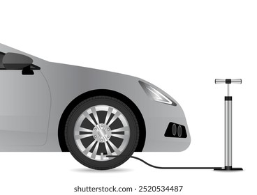 Hand Air Pump and Tire. Automobile Air Pump. Vector Illustration.  