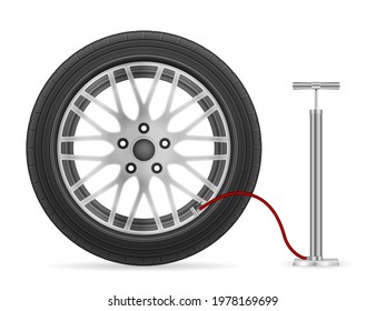 Hand air pump and tire on a white background. Vector illustration.