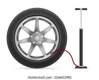 Hand air pump and tire on a white background. Vector illustration.