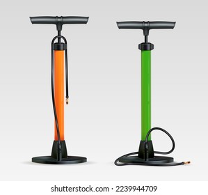 Hand air pump a white background. Vector illustration. 2 types of pump with different hose arrangement. Realistic vector.