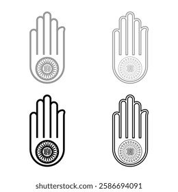 Hand Akhimsa Ahimsa arm Jainism Jain religion symbol Dharma Ahinsa set icon grey black color vector illustration image solid fill outline contour line thin flat style