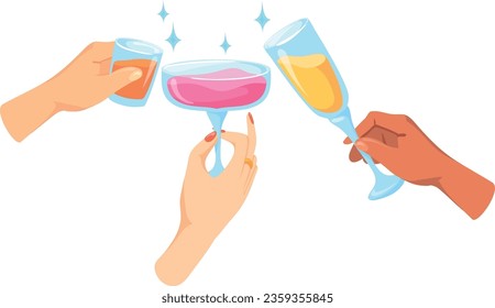 Hand with alcohol drinks cheers. Cartoon glass clink isolated on white background