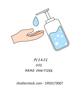 Hand with alcohol sanitizer gel icon with "Please use hand sanitizer" message. COVID-19 prevention. Hygiene icon for health care sign, banner, website, announcement. Flat vector illustration.