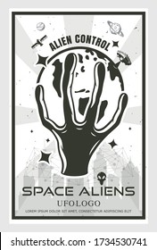 The hand of the aliens holds the earth, the concept of the power of aliens over human beings, vector ullustration.