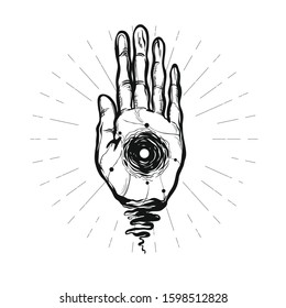 Hand with all seeing eye. Hand Drawn illustration with mystic symbol. The symbol of the occult and esotericism