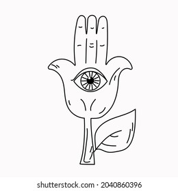 A hand with an all-seeing eye in the palm of your hand. Occult vector illustration design. Vector illustration isolated on white. Astrology, Holy Spirit. Masonic sign.

