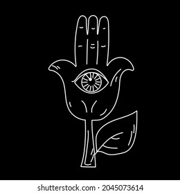 A hand with an all-seeing eye in the palm of your hand. Occult vector illustration design. Vector illustration isolated on white. Astrology, Holy Spirit. Masonic sign.

