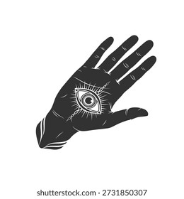 Hand with an all-seeing eye symbol on the palm, surrounded by white lines and shading, on a white background.