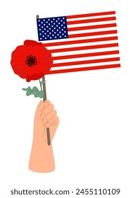 Hand with American flag and red poppy flower. Vector illustration in flat style