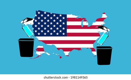 eine Hand aus der amerikanischen Flagge, die die Maske wegwirft in den Müll, Vektorgrafik, Idee für, wenn Sie aus der covid Periode.