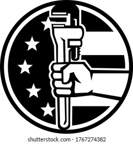 Hand of American Plumber Holding Pipe Wrench USA Flag Circle Retro Black and White