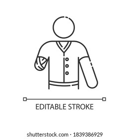 Icono lineal amputado de mano. Hombre discapacitado. Mano dañada por lesión. Paciente con trauma. Ilustración personalizable de línea delgada. Símbolo de contorno. Dibujo de contorno aislado del vector. Trazo editable