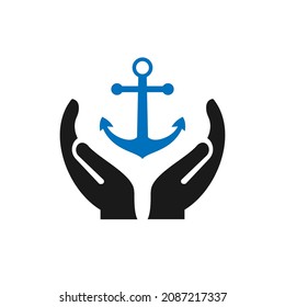 Hand Anchor Logo Design. Ankerlogo mit Hand-Konzept-Vektorgrafik. Design des Hand-Anchor-Logos