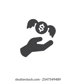 Hand mit Engelsflügeln und Geld, Vektorsymbol. gefülltes Flachschild für mobiles Konzept und Webdesign. Angel Investor Symbol. Symbol für finanzielle Unterstützung, Logo-Abbildung. Vektorgrafiken