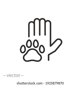 Hand With Animal Paw Icon, Pet Friend Human, Love For A Dog Or Cat, Paw Print, Care Pet Concept, Donate Or Volunteer For Animals, Logo, Thin Line Symbol On White Background - Editable Stroke Vector